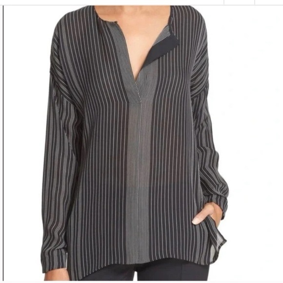 Vince Silk Black and White Long Sleeve Relaxed Blouse - Picture 1 of 8